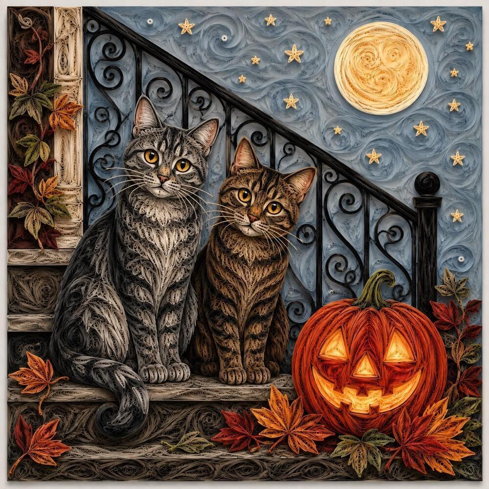 8x8 Framed Quilling-Style Halloween Cats and Pumpkin Art Print